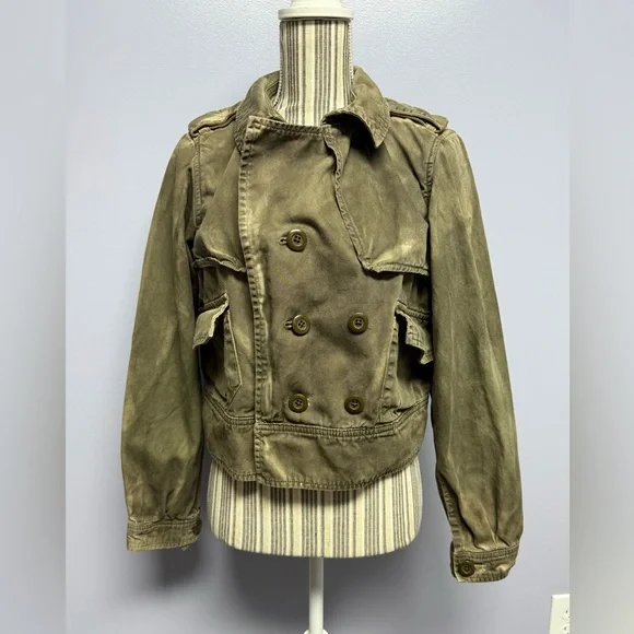 LONDON Jean Olive dyed distressed cropped double breasted utility Jacket size L - Picture 1 of 15